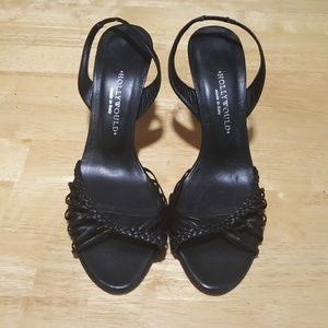 HOLLYWOULD black leather strappy braided heels